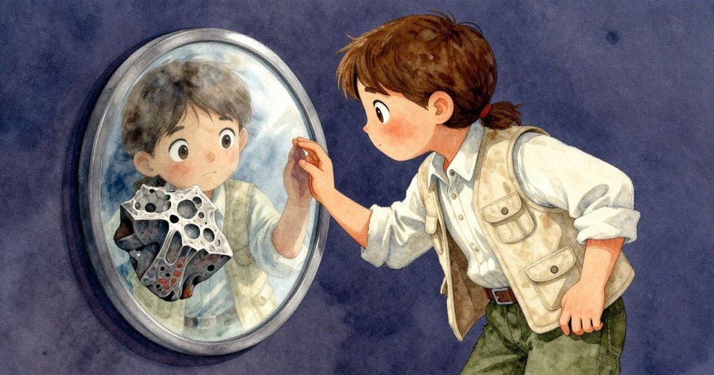 露莎調整小鏡子捕捉石面反光, 陽光與陰影交織顯現出化石細節, 氣氛專注且充滿期待