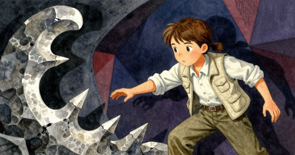 露莎聚精會神地注視著石面變化, 優雅曲線轉為鋸齒狀, 幾何空間似夢似幻, 氣氛充滿神秘感