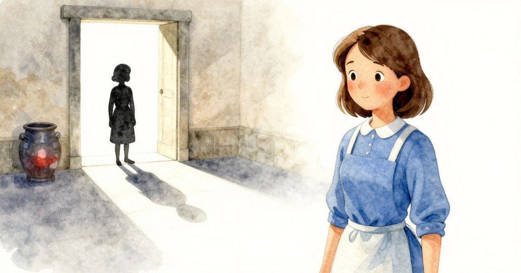 在光亮庭院中，Nessa在高門下以剪影形式工作，光與影交錯，情緒平靜展現故事起始