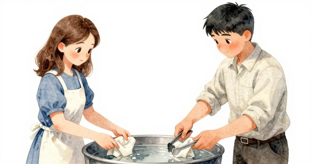 專注畫面中，Nessa用楓木夾子操作漂白棉布，水滴旋轉落下，展現工具與物件間精緻互動