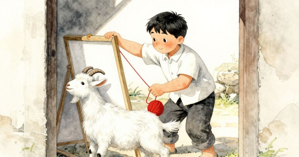 透過半掩門縫觀察，Goat撞翻晾衣架，Xander手持毛線急奔，畫面充滿活力與緊迫感