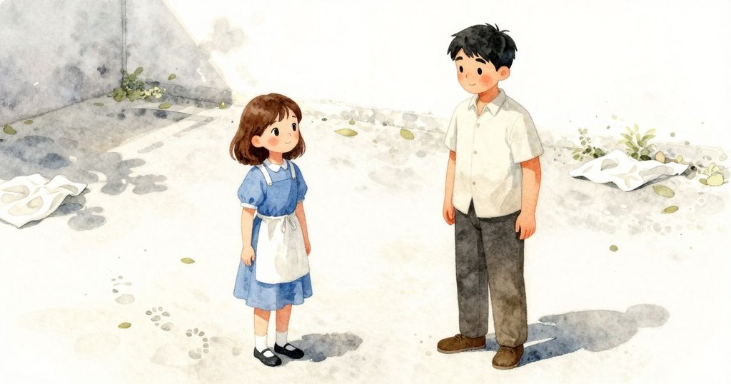 戶外庭院中，散落布片與濕潤足跡點綴石子，Nessa與Xander穿梭其中，呈現明朗季節氛圍