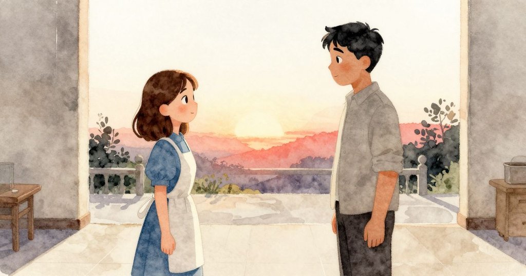 夕陽餘暉中，Nessa與Xander在庭院內攜手，欣賞深靛布料發出層次光芒，呈現溫暖平靜的結局