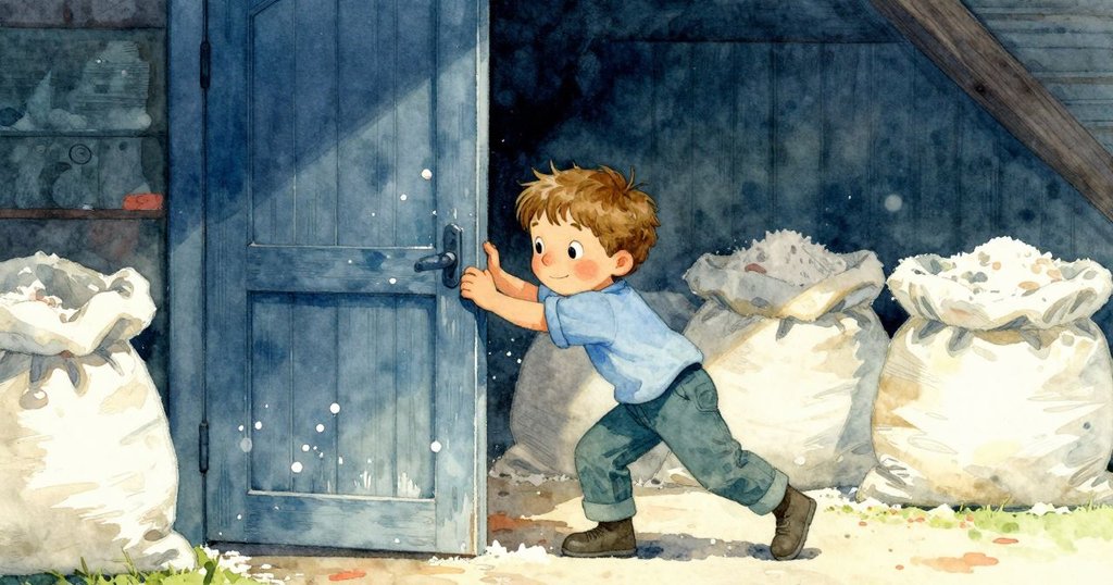 奧斯溫推開水跡斑斑的大門進入磨坊，背後燕子飛出，場景古老而溫暖，充滿期待。