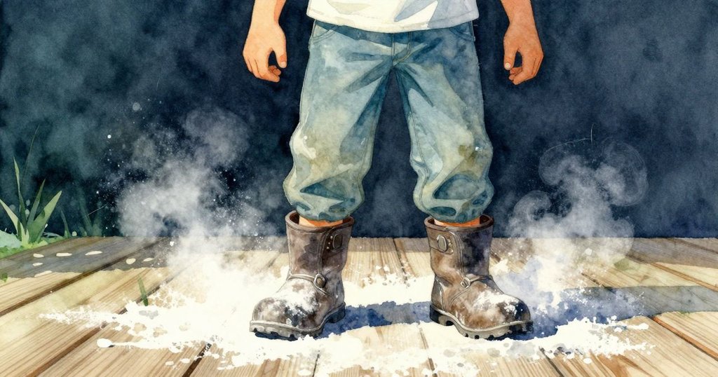 奧斯溫踏過橡木地板，腳上靴子清晰可見，細微麵粉揚起，動作輕盈且專注。