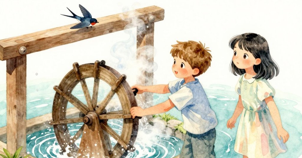 磨坊高架上燕子停棲，俯瞰轉動木輪與水汽交織，光影斑駁，營造神秘感。