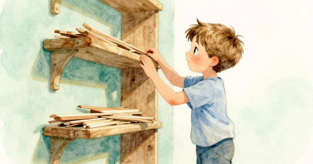 奧斯溫小心拾起松木碎片，準備製作臨時架子，神情猶豫而專注，記憶氛圍柔和。