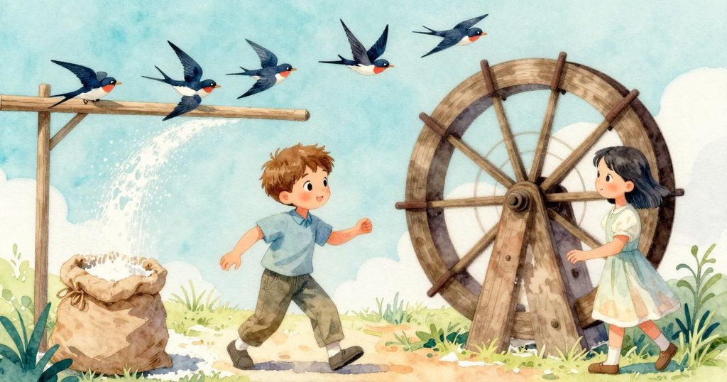 磨坊大輪轉動加速，燕子在上織動細枝，麵粉細絲落下，景象動感延續餘韻悠長。