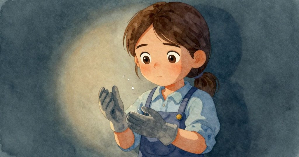 露西亞專注凝視濕布浮現,水珠點綴手套,特寫展示其專注與內心堅定情緒