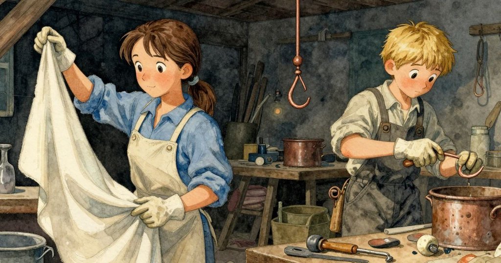 露西亞靈巧地披掛濕布,站旁的贊恩持銅鈎注視,古老海員元素及染痕在木架上若隱若現