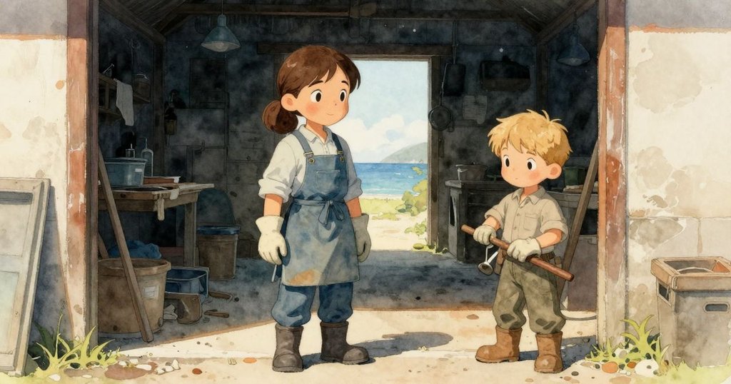 工坊外開放門框呈現寧靜海岸景象,陽光柔和灑落,隱約映出露西亞與贊恩的身影,無海鷗飛舞