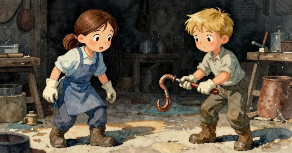 贊恩的銅鈎突然滑落撞擊石地,露西亞驚訝凝視,瞬間動態打破寧靜,情緒濃烈