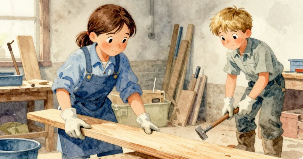 露西亞與贊恩協力修復架構,贊恩舉板撐住木架,濕布顯露靛藍水痕,二人釋然微笑象徵勝利