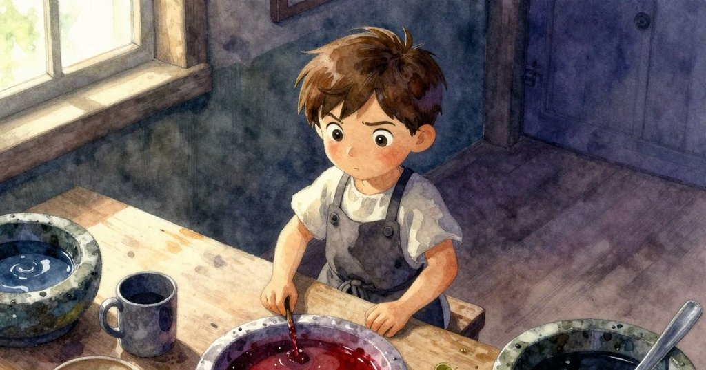 Kit在工作室內忙碌,桌上有倒放的瓷杯與染槽,透過窗光呈現神秘且溫暖的情境