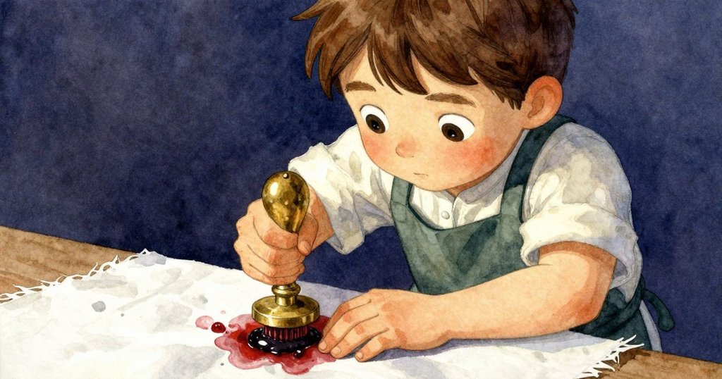 Kit的手正仔細按壓著帶有香菜葉紋樣的黃銅印章,近鏡展現布料與蠟的細膩質感