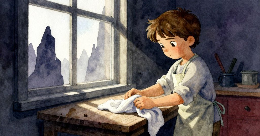 Kit停下手中工作,在窗口光影下觀察布上的剪影,仿佛遠處懸崖的剪影映入眼簾