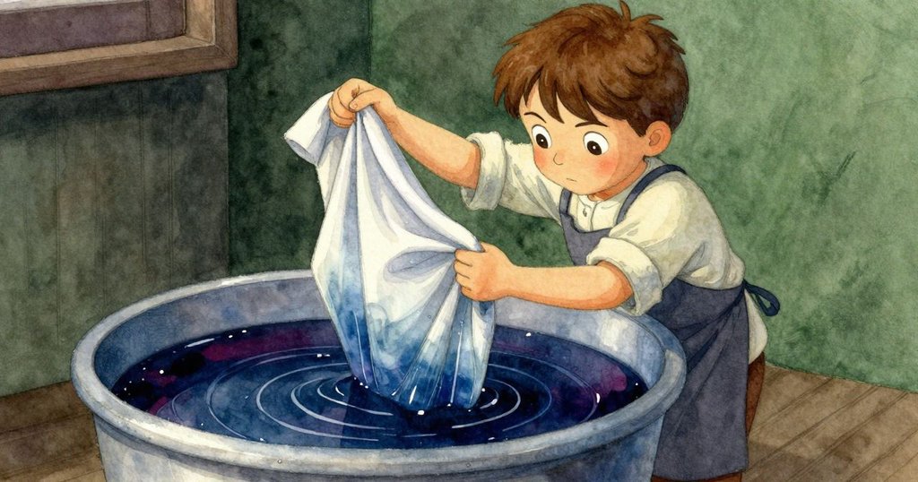 Kit專注地將布料浸入靛藍染槽中,染液滲透在布上展現深藍層次,環境沉穩神秘