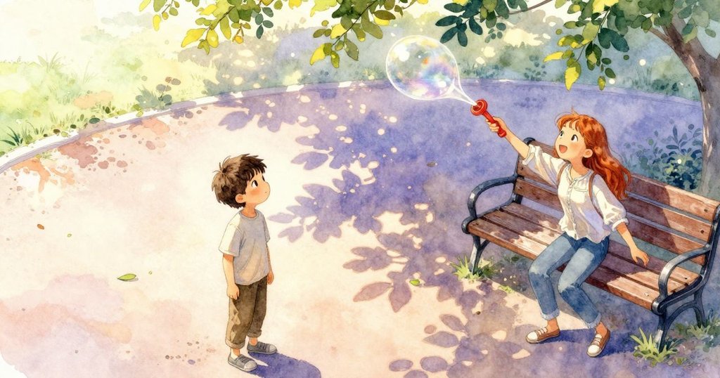 內斯托坐在斑駁長椅上觀察，奧倫傾斜巨大泡泡棒迎向陽光，戶外遊樂場景展現奇幻與期待。