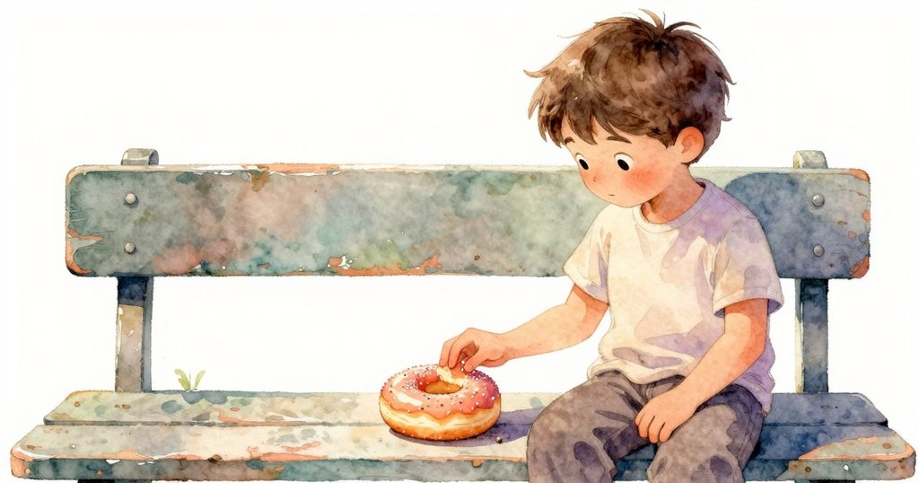 內斯托用手指輕觸刻痕斑駁長椅，旁邊擺著半吃甜甜圈，充滿溫暖與反思的氛圍。