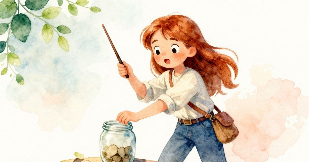 奧倫從罐子中取出較小魔法棒，低角度拍攝展現其堅定神情與配件細節，背景環境充滿靜謐自然氣息。