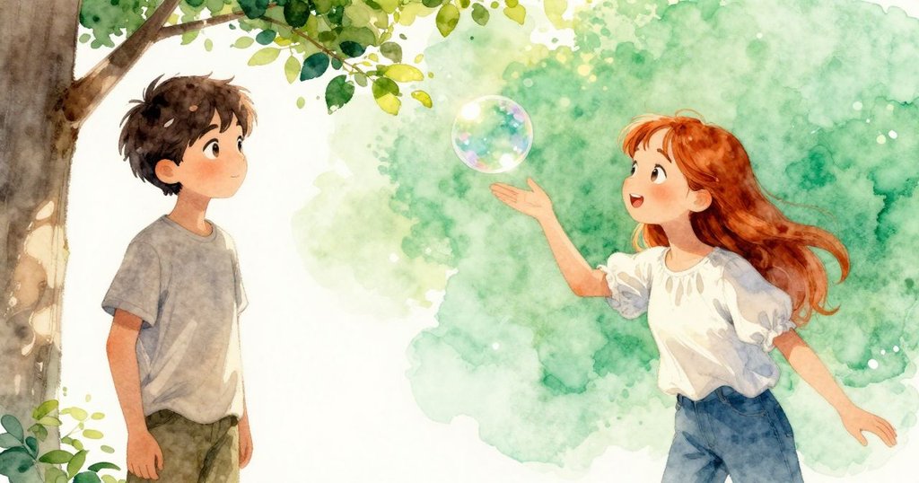 一顆透明泡泡定格在輕觸樹葉的瞬間，背景孩童追逐，充滿奇幻光彩與溫柔氣息。