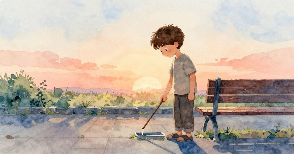 內斯托將魔法棒放回容器後沿著鋪滿溫暖光線的人行道緩步離去，場景充滿寧靜與平和情懷。