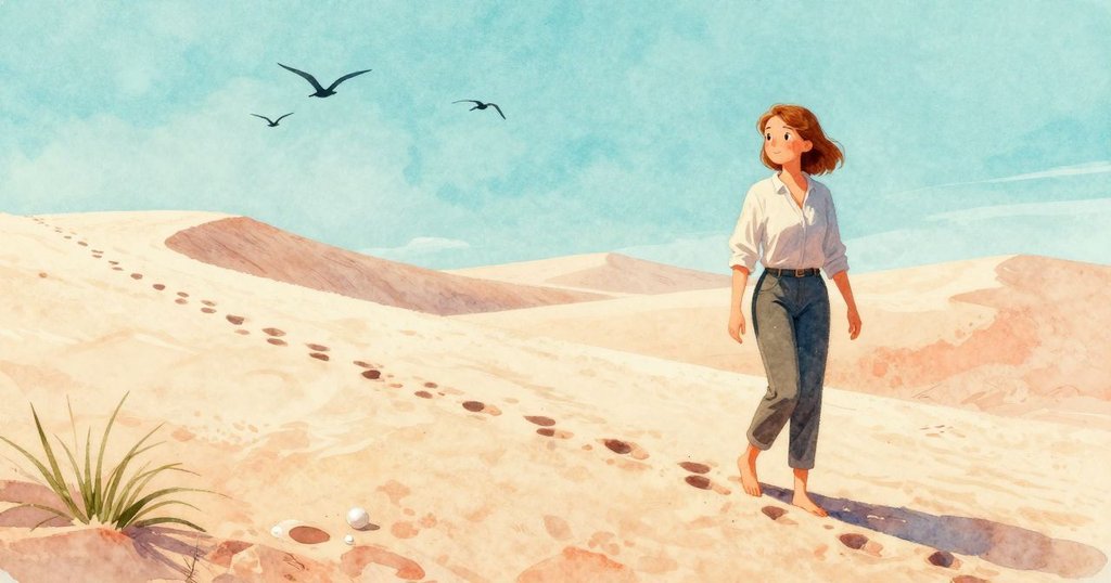 Nadine在沙丘上行走，與小鳥和波狀沙紋一起展現熱鬧的早晨景象，充滿生機與溫暖