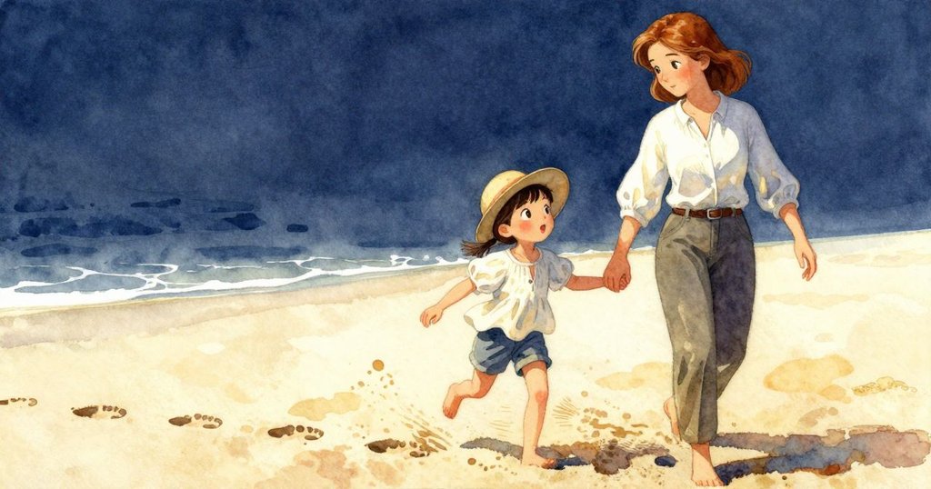 Nadine的腳步印記在溫暖沙地上逐漸消散，展現沙丘上風與時間交織的細節