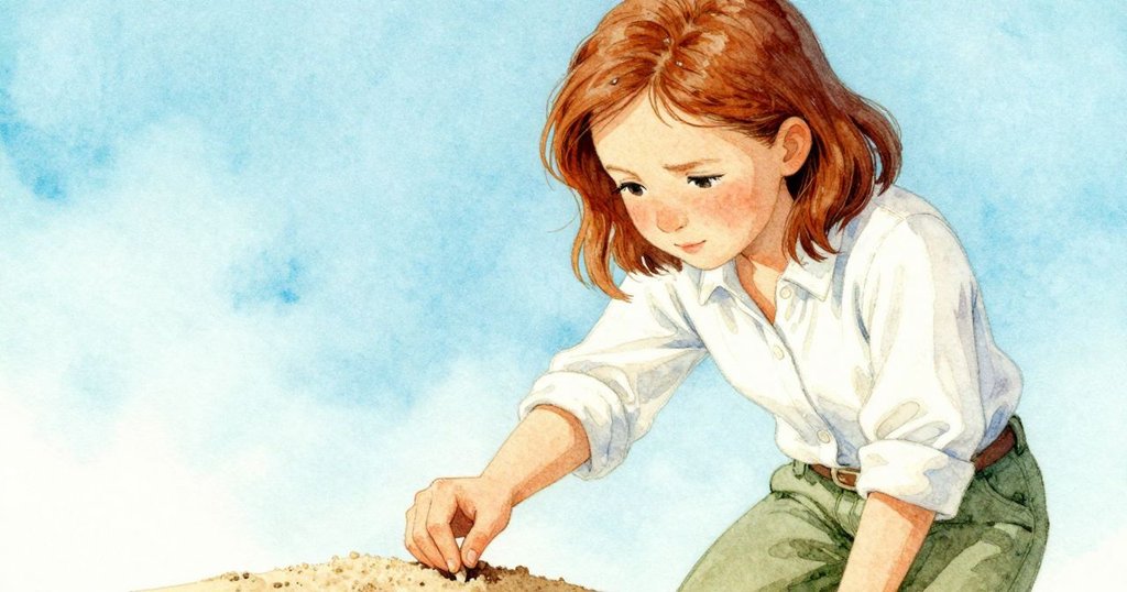 Nadine仔細檢查木棍標記，臉上流露疑惑，特寫呈現沙面上變化的影子與玻璃飾邊