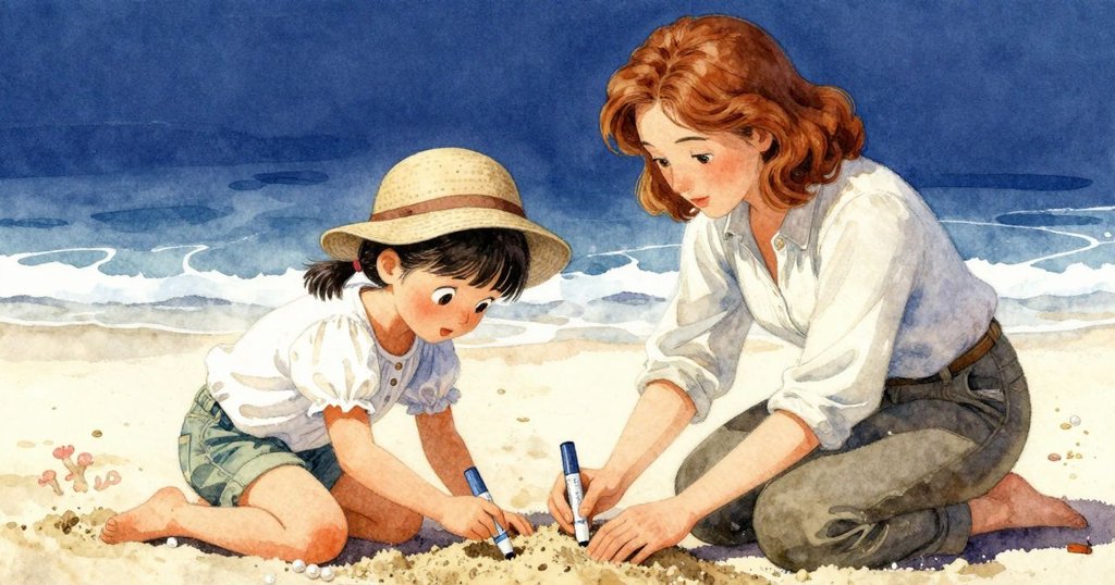 Clara蹲下用手捧沙包圍木棍標記，Nadine在旁細看，兩人協作展現沙丘上動態細緻的變化