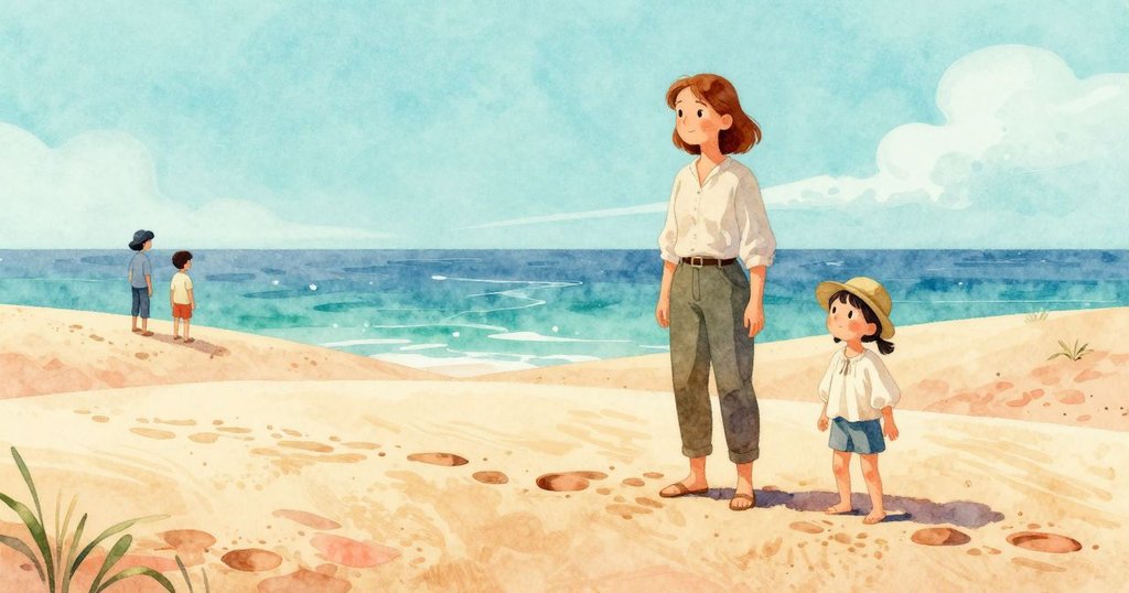 Nadine與Clara站在沙丘上注視穩定的木棍標記，水印與流動的沙子展現出大自然的靜謐與變化