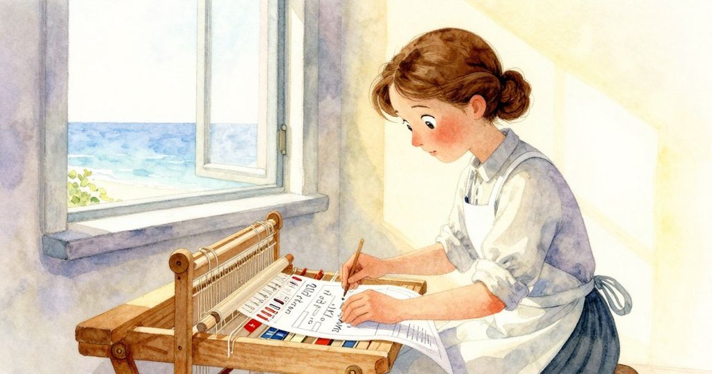 Helena 在明亮室內忙於操作布機，四周工具與拼卡相伴，窗外庭院石板映出午後溫暖光影，充滿專注與期待