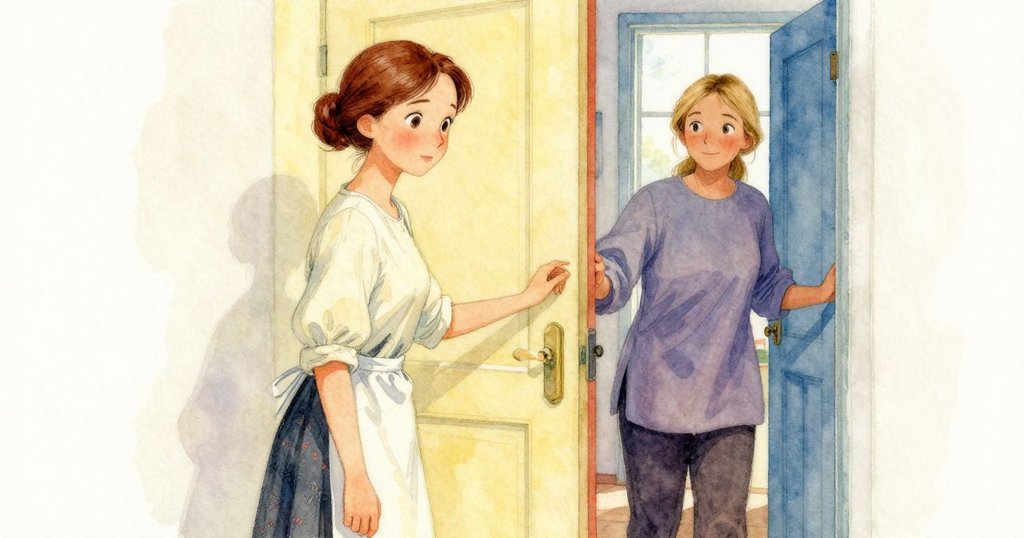 Nadine 輕步進入房間門口，Helena 暫停布機操作，兩人眼神交流流露默契與關懷，室內外燈光柔和交織