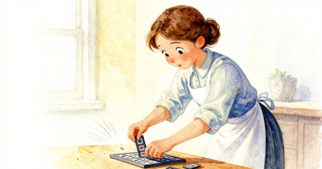 Helena 充滿決心動作迅速替換錯誤拼卡，布機隨之恢復節奏，室內亮光中展現出活力與專注的姿態