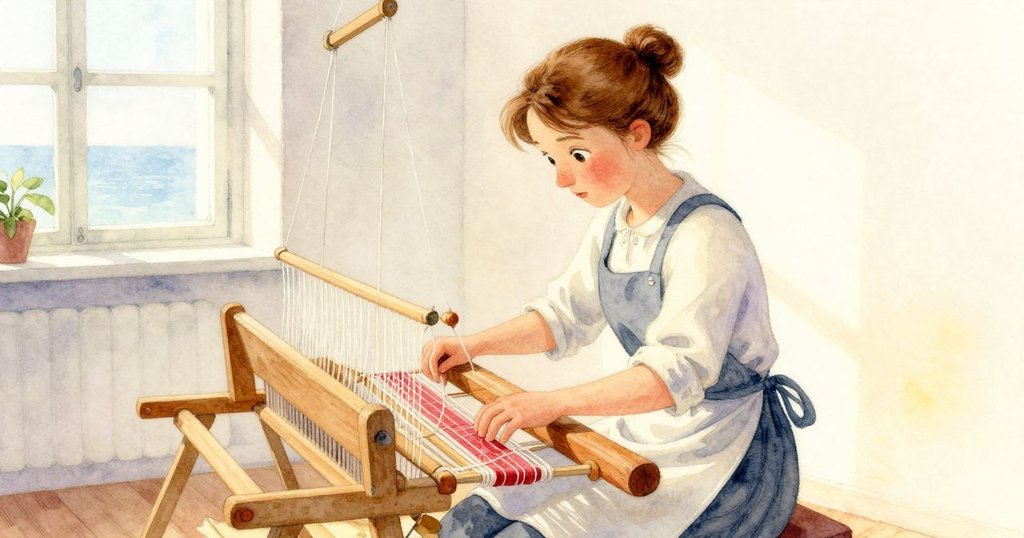 Helena 將完成織物捲上前梁，室內柔和光線映襯下工作區顯得整潔寧靜，錯卡收存入袋中象徵未來希望