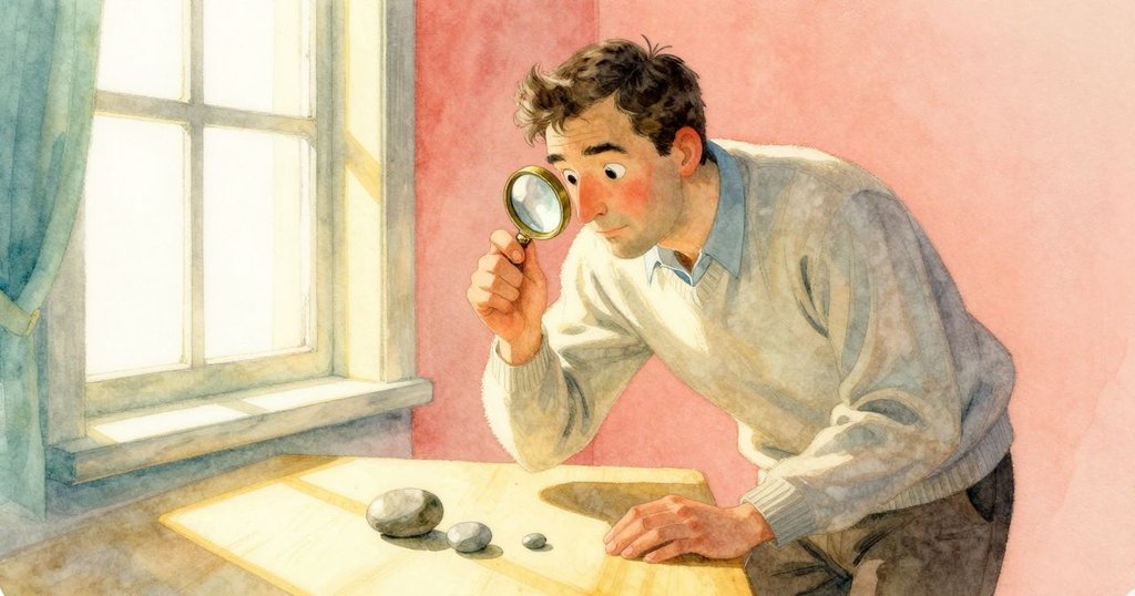 弗雷澤在室內書房裡低頭仔細檢查鵝卵石,利用帶邊框的放大鏡,光影交錯,神情專注