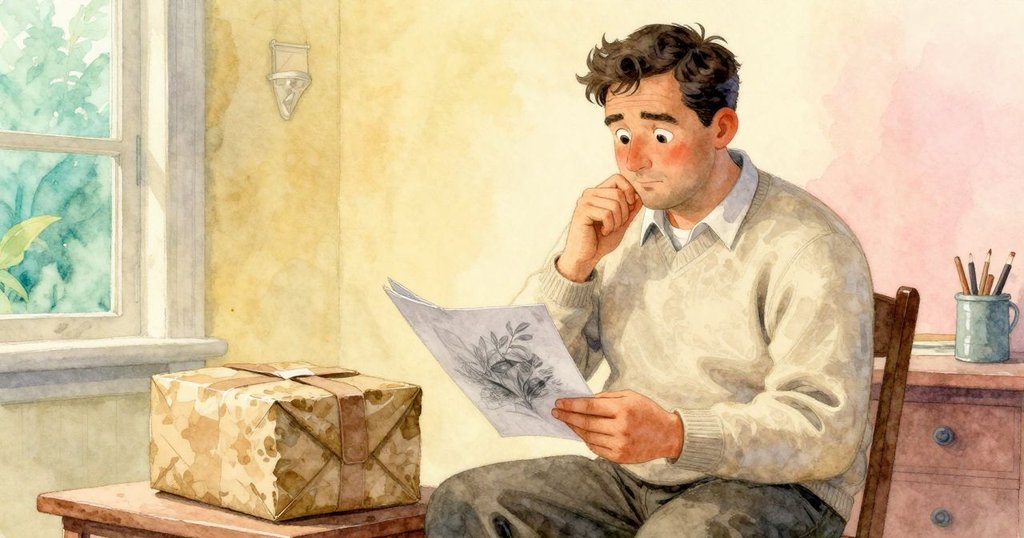 弗雷澤在書房內一邊注視剛畫起的線條一邊望向旁邊掛衣架上的破損包裹,形成對比