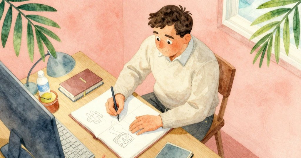 從上方俯視的角度展示弗雷澤在書桌上專心作畫,紙張、鉛筆散落,充滿溫馨氛圍