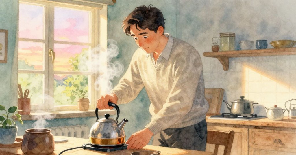 弗雷澤在注意到廚房裡茶壺冒出輕柔蒸氣時停下手邊工作,室內光線轉變,氛圍神秘而溫暖