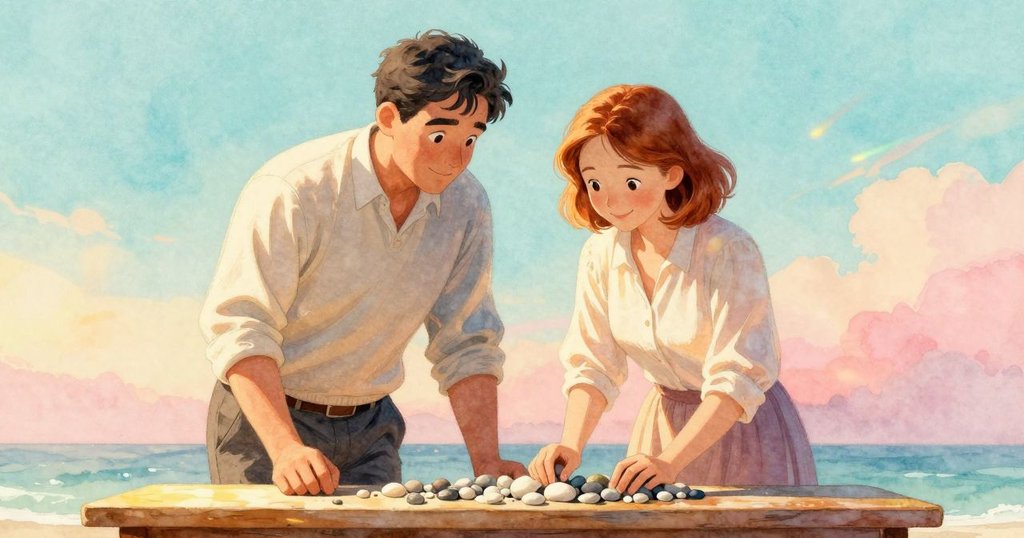 弗雷澤與佩特拉站在書房內,共同欣賞在陽光照射下閃耀彩虹光芒的鵝卵石,滿懷驚奇與喜悅