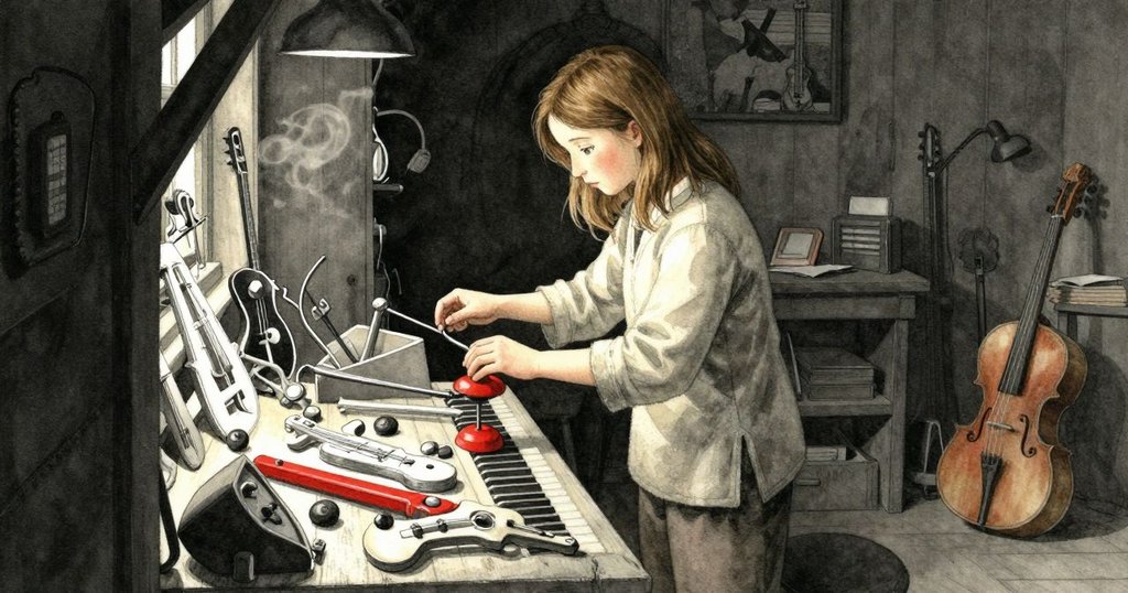 冬小姐在充滿樂器零件的工坊中忙碌調校琴弦,背景是散落工具與溫暖光線,神情專注,展現工作初始階段。