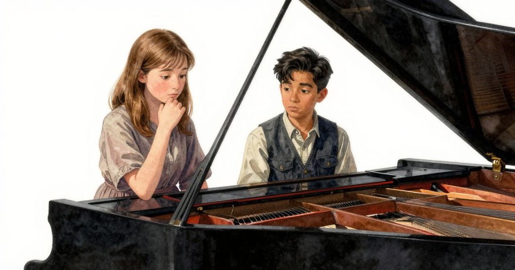 鏡頭特寫鋼琴蓋上明亮空白的方形,周圍琴弦閃爍,光線聚焦在方形上,展現神秘而獨特的細節。