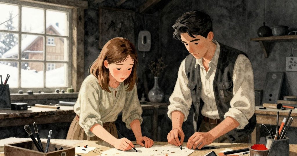 冬小姐與薩威爾在樂器房中協作,背景窗外映出爬滿常春藤的小屋,兩人專注操作樂器,呈現合力修調情景。