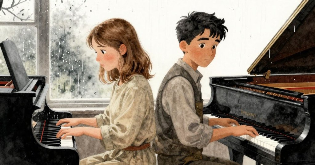 雨滴輕敲窗玻璃,映出鋼琴蓋上空白方形,樹枝輕觸玻璃,將樂器與自然完美融合,營造詩意場景。