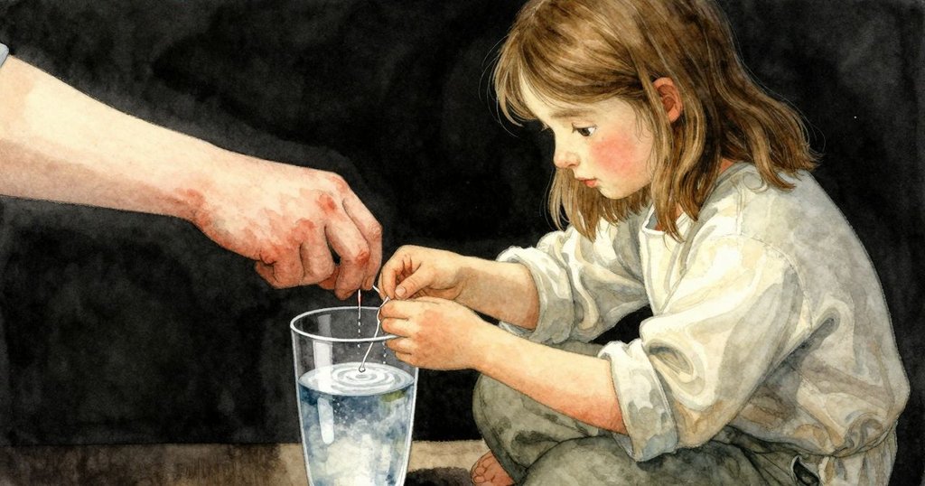 冬小姐在水杯中見到漣漪,手輕觸調音針,臉上流露驚奇與堅定,捕捉到探索新發現的瞬間。