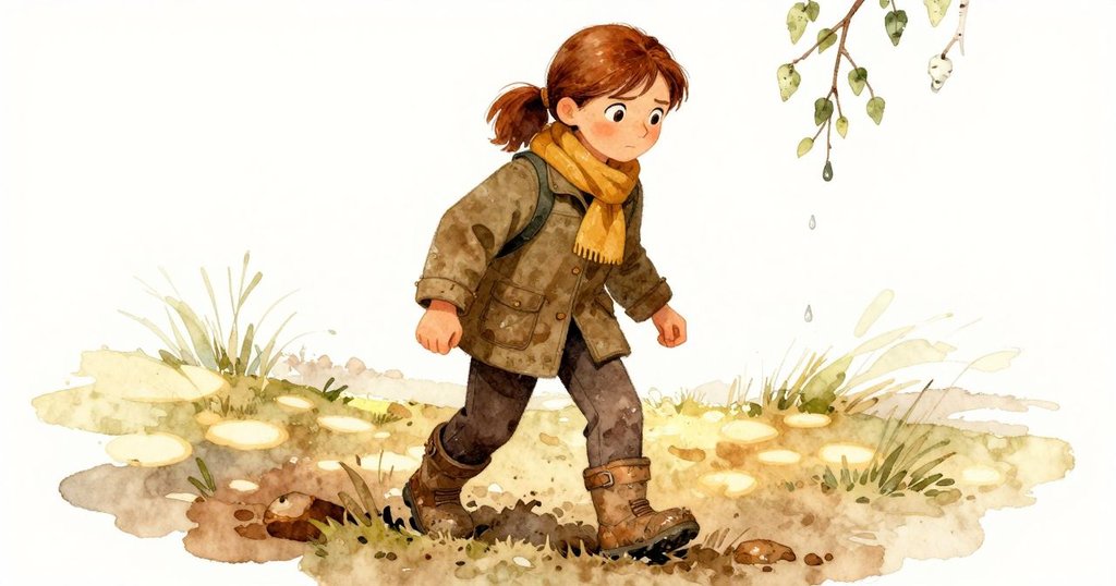 Ursula 的靴子在泥濘小道上留下印跡,低角度捕捉落下露珠與樹枝,呈現春日溫暖質感