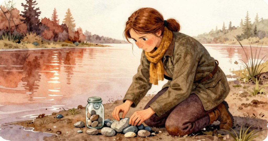 Ursula 膝跪於融水池邊,小心排列石塊、破裂玻璃罐與發光調溫器,溫柔光線襯托自然細節