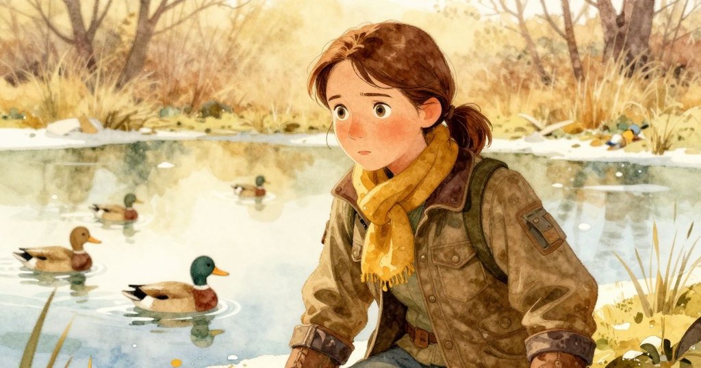 Ursula 近鏡頭注視池中鴨群,其臉龐流露著寧靜驚奇,背景為融化水面與溫暖自然光影