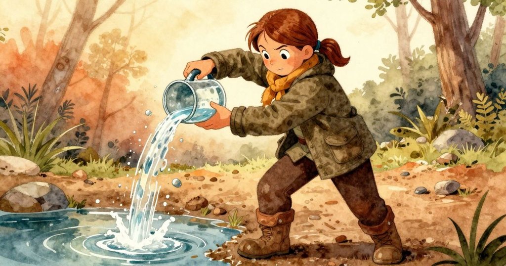 Ursula 活動中傾倒玻璃罐中的融水,臂彎優雅揮動,鵝卵石隨之輕敲泥面,展現自然流動感