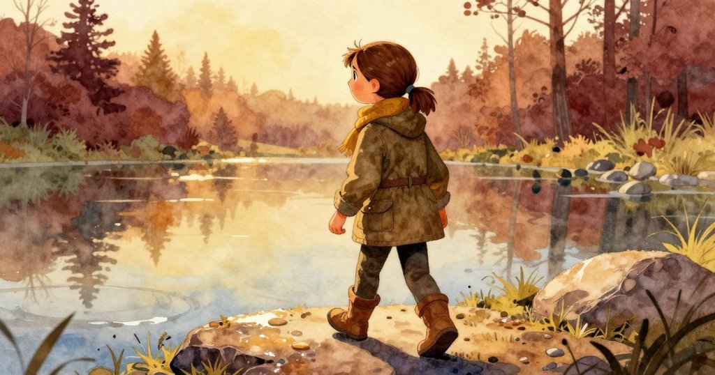 Ursula 從池邊緩步離去,背影中留有一塊閃爍石塊和拾起物,夕陽餘暉散發出柔和告別之情